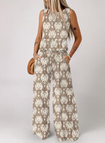 Image of Dokotoo Pants Sets Women 2 Piece Outfits Sleeveless Round Neck Tank Tops Matching Sets for Women Elastic Waist Wide Leg