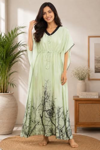 Image of Noty Women's Kaftan Nighty | Digital Print | Sarena Fabric | V Shaped Neck Nightwear | Nightdress for Girl