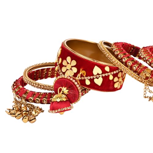 Image of I Jewels Gold Plated Traditional Velvet Matching Embellishments Work & Latkan Detailing Bangles Chuda Bangle Set for Bridal /Women