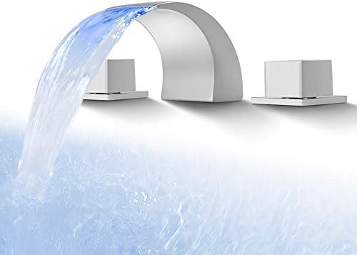 SKOWLL Bathroom Waterfall Faucet 2 Handle Vessel Sink Faucets Widespread Vanity Faucet 3 Holes with LED Lights, Polished Chrome