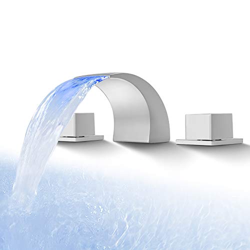 Skowll Bathroom Waterfall Faucet 2 Handle Vessel Sink Faucets Widespread Vanity Faucet 3 Holes With Led Lights, Polished Chrome #TOP1