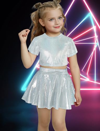 Image of Happy Cherry 2Pcs Kids Girls Shiny Metallic Short Sleeve Crop Top with Pleated Skirt Set Dancewear Performance Costumes