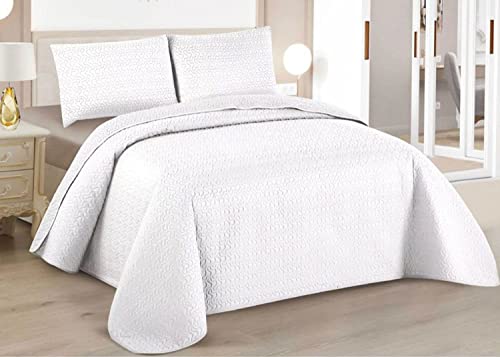 BESCH Colcha Boutis para Primavera y Verano Bicolor Reversible Liso de Color Blanco + 2 Funda Cojin 50x70 cm - Colcha Ligera Fina Entretiempo (Cama 135, 220x260cm)