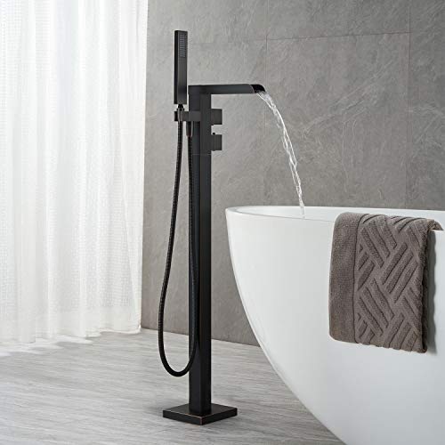 Wowkk Thermostatic Freestanding Bathtub Faucet Waterfall Tub Filler Oil Rubbed Bronze Floor Mount Brass Bathroom Faucets With Hand Shower #TOP2