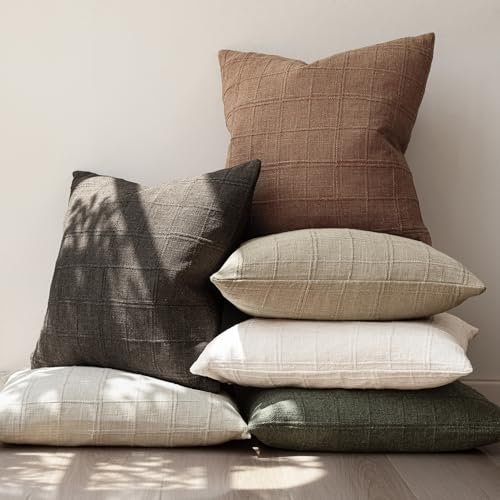 Image of Foindtower Set of 1 Decorative Linen Check Throw Pillow Cover Neutral Farmhouse Vintage Cushion Cover Modern Boho Home Decor for Sofa Chair Couch Bedroom Living Room,24x24 Inch,Dark Brown