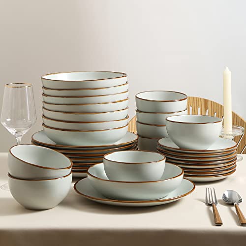 Image of Stone Lain Brasa Stoneware 32 Piece Modern Dinnerware Set, Plates and Bowls, Service for 8, Light Green, Microwave & Dishwasher Safe