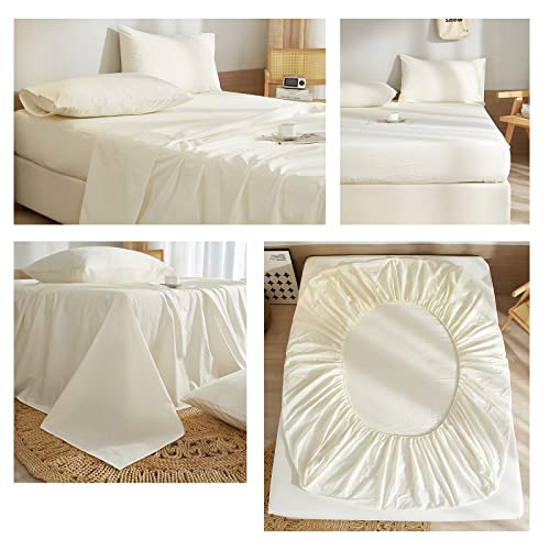 Cream White King Size Bed Sheets Cotton 4 Piece Bedding Sheets 100% Washed Cotton Breathable Bed Sheets & Pillowcases Set Easy Fit Cooling Sheets Deep Pocket 16 Inch King Bedding Sheet #TOP6