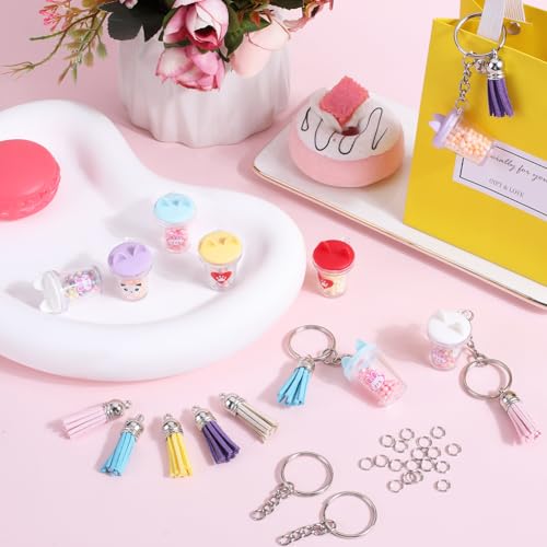 SUNNYCLUE 50Pcs DIY 10Sets Milk Tea Charms Faux Suede Tassels Large Boba Tea Cat Charm Keychain Making Kit Resin Bubble Tea Key Chain Split Rings for Keychains Making Supplies Bag Purse Decoration - Image 4