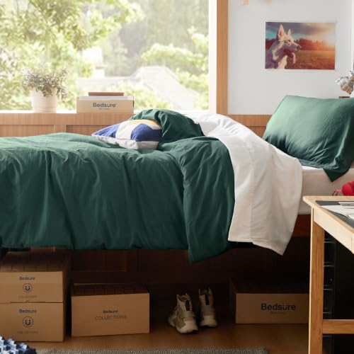 Image of Bedsure Prewashed Twin Duvet Cover, Cotton-Like Bedding Set, Forest Green | Ultra Soft, Relaxed Texture, Twin XL Breathable Comfort, Hidden Zipper, 8 Corner Ties, Easy Care, OEKO-TEX, Year-Round Use