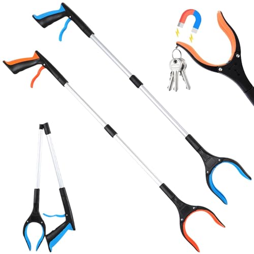 2Pcs Litter Pickers, 32/83 cm Foldable Grabber Stick Magnetic Pick Up Tool for Disabled Elderly, Helping Hand Grabbers with 360°Rotating Head and Magnetic Claw