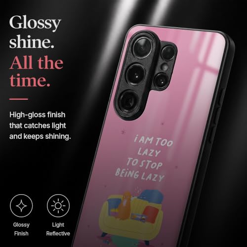 Image of Stylish Designer Glass Case Compatible with Samsung Galaxy S23 FE 5G Back Cover for Women & Girls | Pink Lazy Quote, Glossy & Scratch-Resistant Finish