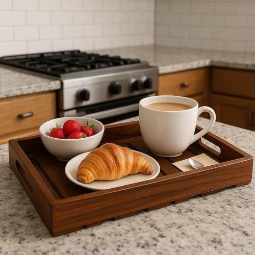 Image of Wooden Serving Tray - Solid Wood Rectangular Tray with Raised Edges for Coffee, Food & Snacks, Home & Hotel Use