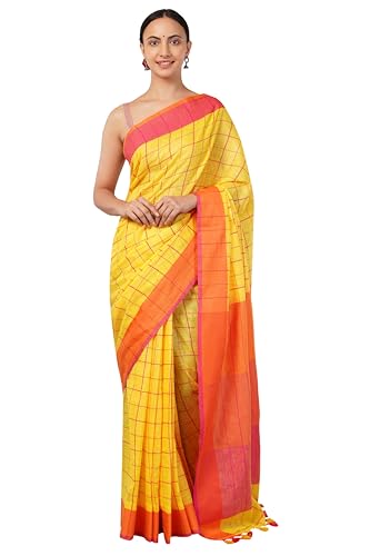 Mela Bazaar Checks Cotton Linen Saree/Fall and Tassels Attached/Blouse Fabric Included/Bhagalpur Linen Saree (Yellow)