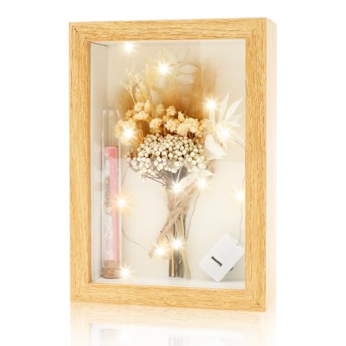 Cadre photo 3D en bois à remplir - 12 x 17 cm - Avec tube à essai - Fleur séchée - Barre lumineuse pour Saint-Valentin, anniversaire, mariage
