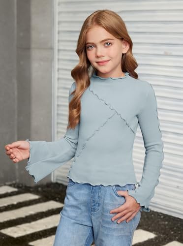 Girls Long Bell Sleeve Shirts Mock Neck Lettuce Trim Ribbed Knit Blouse Slim Fit Y2K Inspired Fashion Tops 6-14 Years3