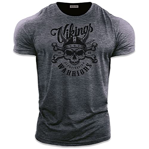 bebak Mens Gym T Shirt | Viking Warrior | Gym Clothes for Men | Arnold Bodybuilding T Shirt | Ideal for MMA Strongman Crossfit (UK, Alpha, L, Regular, Regular, Heather Petrol Blue)