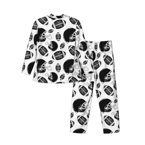 Black And White American Football Mens Pajamas Set Button Down Sleepwear Set Long Sleeve Loungewear With Pockets4