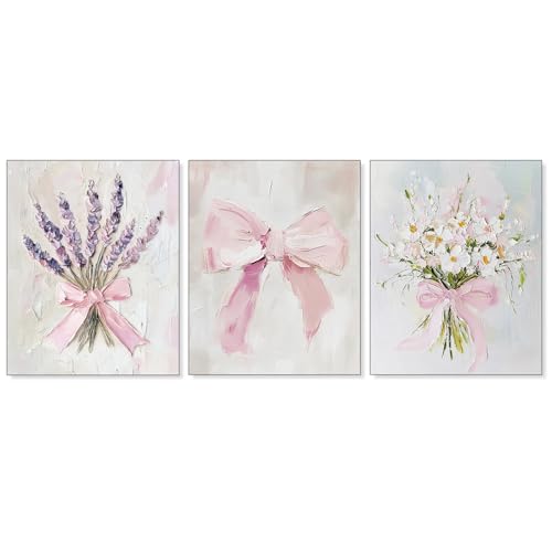 Pleonox Coquette Pink Bow Lavender Floral Wall Art Prints 8x10 Inch Set of 3, Preppy Room Decor, Cottagecore Wildflower Aesthetic Pictures Wall Decor for Girly Bedroom Dorm Apartment, Unframed