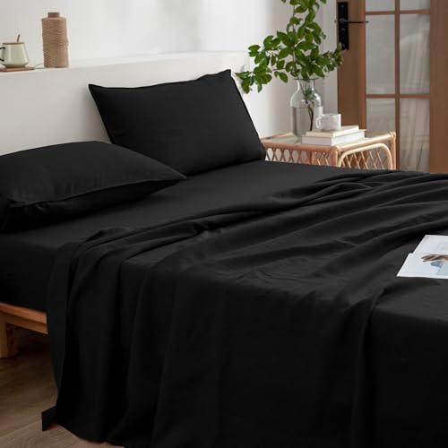 EVERLY Linen Sheets Set Queen Size,100% French Stonewash Pure Linen Sheets Set,4Pieces (1Flat Sheet,1Fitted Sheet,2Pillowcase) Suitable for Hot Sleepers,Deep Pocket Natural Bedding Set-Black - Thumbnail 3