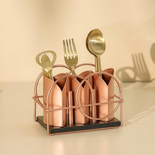 Image of Brick Brown Premium Metal Ferro Cutlery Holder | Spoon Stand for Kitchen & Dining Table | Handcrafted Cutlery Stand & Tabletop Cutlery Storage Box | Spoon Holder Caddy with 3 Section (6.5x4x5 inch)