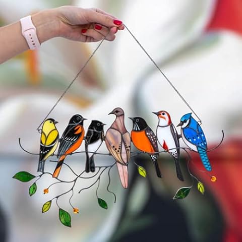 Garden Suncatcher, Stained Glass Multiple Birds on a Wire, High Metal Material, Window Hanging Ornaments, Bird Series Sculptures Pendant, Home Decoration for Patio Yard, Creative Decor Gifts Cover