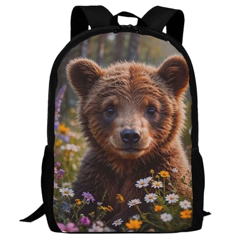 Native Brown Bear Flowers Backpack with One Compartment 17 Inch Casual Daypack Travel Bookbag