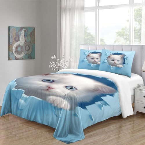 Housse de couette 200x200 chat bleu microfibre fermeture éclair lit double ado