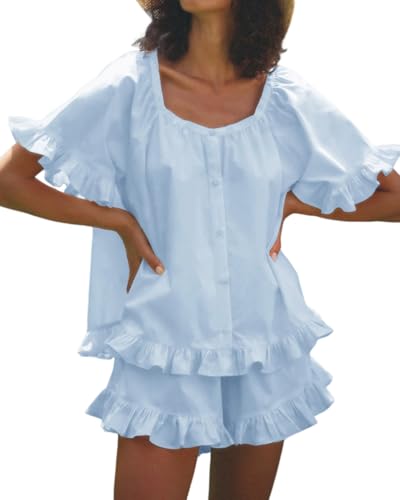 Image of Womens Fashion Summer Short Sets Short Sleeve Button Down Ruffle Trim Top and Shorts Cotton Pajama Sets