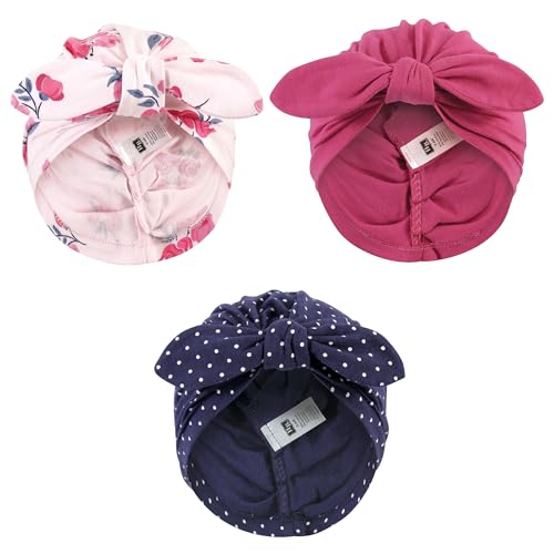 Hudson Baby Baby Girls Turban Cotton Headwraps, Pink Navy Floral, One Size