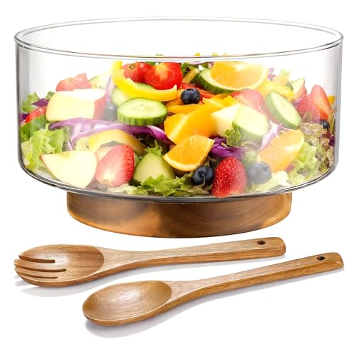 ZhouZGlass Extra Large Glass Salad Bowl Set with Acacia Wood Salad Tongs, Serving Bowl Set for Fruit, Cakes, Pasta, Desserts, Microwave & Dishwasher Safe