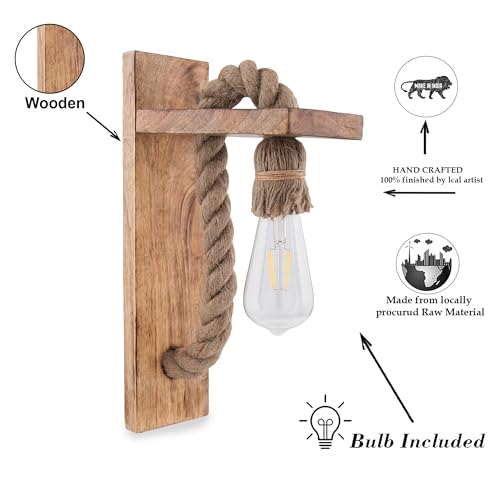 Image of Homesake Wooden Rope Wall Lamps, Home Decor Items E27 Holder Lantern Light Vintage Wall Hanging Antique Decorative Fancy Light for Wall Home, Living Room, Bedroom, Wall Decor | Pack of 1