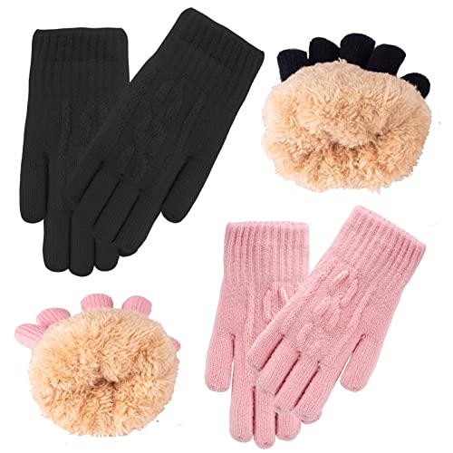 FENELY Kids Winter Knit Gloves Girls Warm Thermal Cable