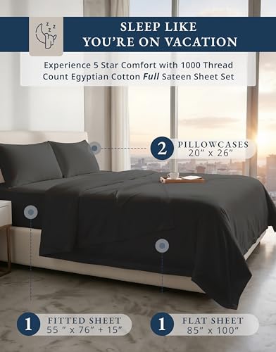 Image of LANE LINEN Full Sheet Cake Box 100% Egyptian Cotton Sateen - Black | Black Sheets Full - 4-Piece Set, 16 inch Deep-Pocket Snug Fit, 1000 Thread Count, Refreshes A Guest Room, Luxe Sheen