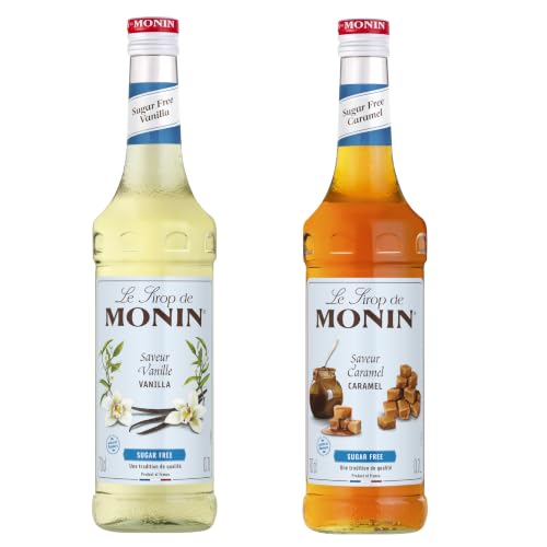 MONIN - Assortiment de Sans Sucre Saveur Vanille et Caramel - Pour Café, Chocolat Chaud, Capuccino ou Latte - Arômes Naturels - Bouteille en Verre - 2 * 70 cl