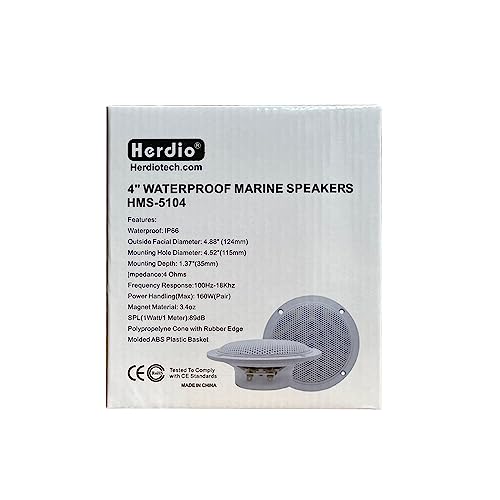 Herdio 4 Zoll Runde Deckenlautsprecher, Paar 160 Watts wasserdichte Marine Boot Einbaulautsprecher, für Badezimmer Spa Raum Motorrad UTV ATV RV Auto Golf Cart (14.3x13.9x11.8cm)