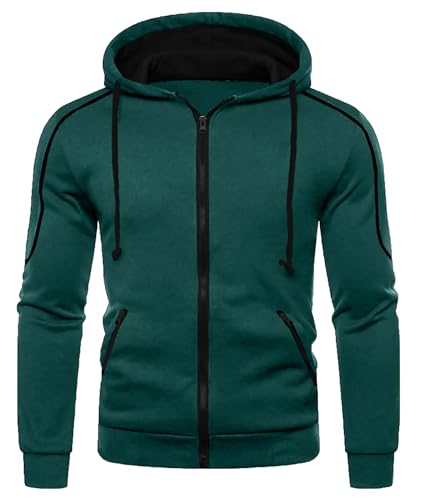 Image of Mens Hoodie Zip up Hooded Sweatshirts Casual Pullover Long Sleeve Fleece Jacket with Zipper Pocket Dark Green L