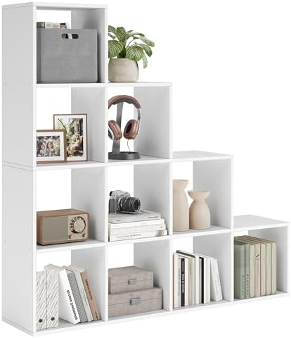 VASAGLE Bücherregal mit 10 Fächern, Regal offen, Stufenregal, Ordnungssystem für Deko, Fotos, Pflanzen, Wohnzimmer, Schlafzimmer, Arbeitszimmer, 29 x 129,5 x 129,5 cm, wolkenweiß LBC10WTV1