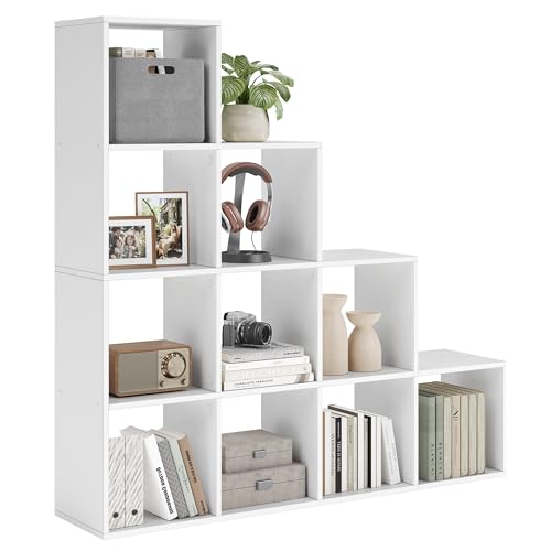 VASAGLE Bücherregal mit 10 Fächern, Regal offen, Stufenregal, Ordnungssystem für Deko, Fotos, Pflanzen, Wohnzimmer, Schlafzimmer, Arbeitszimmer, 29 x 129,5 x 129,5 cm, wolkenweiß LBC10WTV1 VASAGLE Bücherregal mit 10 Fächern, Regal offen, Stufenregal, Ordnungssystem für Deko, Fotos, Pflanzen, Wohnzimmer, Schlafzimmer, Arbeitszimmer, 29 x 129,5 x 129,5 cm, wolkenweiß LBC10WTV1