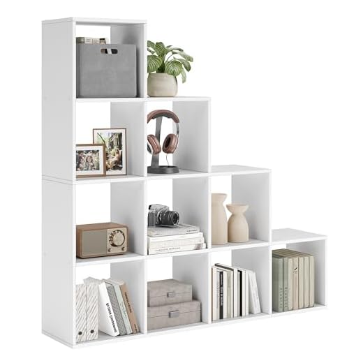 VASAGLE Bücherregal mit 10 Fächern, Regal offen, Stufenregal, Ordnungssystem für Deko, Fotos, Pflanzen, Wohnzimmer, Schlafzimmer, Arbeitszimmer, 29 x 129,5 x 129,5 cm, wolkenweiß LBC10WTV1
