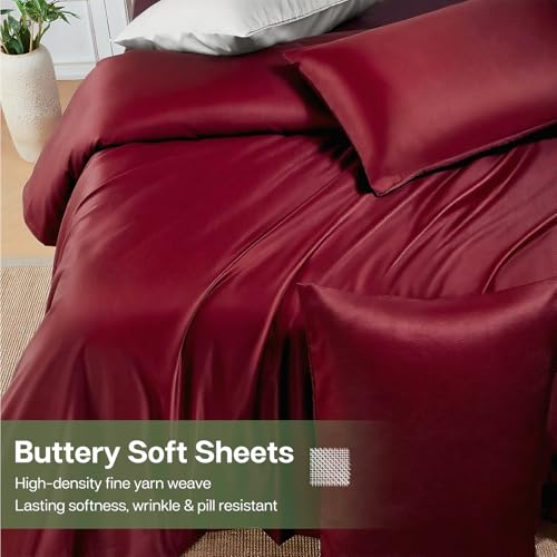 MR&HM Queen Sheet Set, 4-Piece Cooling Sheets, Rayon Derived from Bamboo & Polyester Blend, Soft & Silky, 15" Deep Pockets with Elastic Straps, Hotel Luxury for Hot Sleepers, Burgundy
