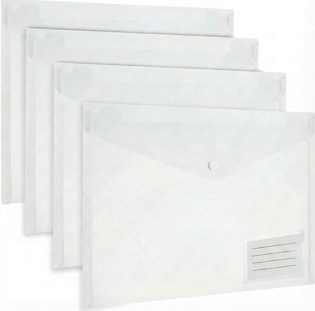 Stuff 4 Office - A4 Clear Plastic Wallets – Document Folder with Label Pocket - Popper Wallets - Durable Waterproof Storage for Papers, Reports, School & Office Use (Packs of 15/25/50)