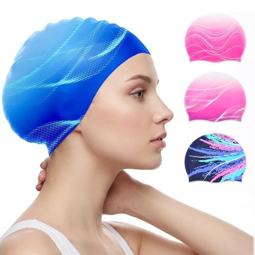 Swim Cap for Women Adult, Silicone Swimming Cap for Long Hair, Waterproof Swim Hats to Keep Hair Dry