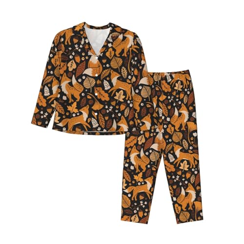 Anceky Pijama de Zorro de otoño para Mujer, Conjunto de Pijama con Estampado de Calabaza, Flores, piñas y Hojas de Hongo,AAAAAAlarga y Pantalones Largos, 2 Piezas