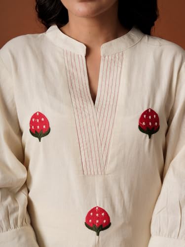 Image of INDO ERA Women's's Pure Cotton Embroidered Kurta Women | Floral Neck & Hem Embroidery | Cotton Kurta Women |