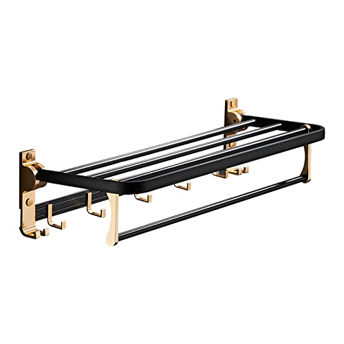 Richuan Bathroom Towel Rack Lavatory Hotel 24 Inch Foldable Towel Shelf With Towel Bar And Movable Hooks, Black And Matte Gold Polished Aluminum Modern Wall Mount Holder #TOP2