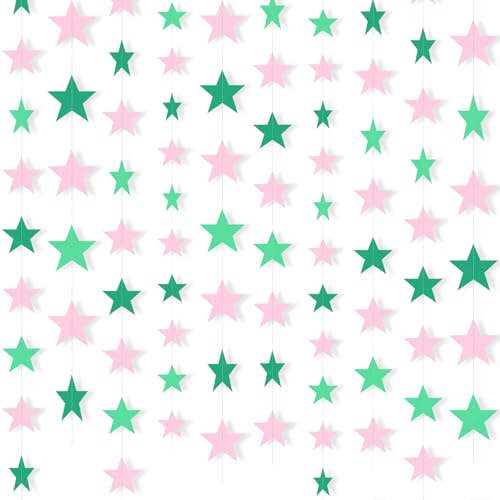 Image of Patelai 130 Feet Glitter Star Garland Banner 2026 Party Decoration Double Side Star Hanging String Streamer Paper Twinkle for Graduation Wedding Birthday (Pink and Green)