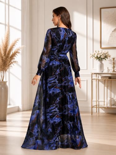 Image of LITZO Women's One Piece Dress - Georgette Floral Printed Western Gown | Long Sleeve V Neck Fit & Flare Flared Hem Design | A-Line Maxi Dress for Women | New Year Party Outfit (NO-08-10)