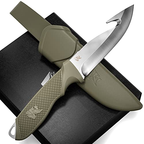 Wolfgangs WHUNTER 2 Jagdmesser feststehende Klinge mit Aufbrechhaken aus starkem D2 Stahl (Durchgängiger Erl) - Aufbrechmesser auch als Angelmesser - Survival Outdoor Messer mit robuster Scheide