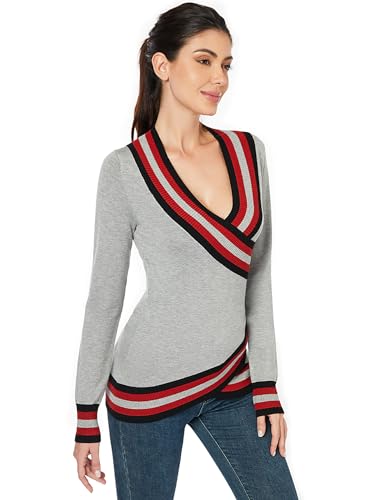 AmélieBoutik Women deep V Neck Sexy Faux Wrap Slim Fitted Striped Trim Long Sleeve Blouse Sweater Top