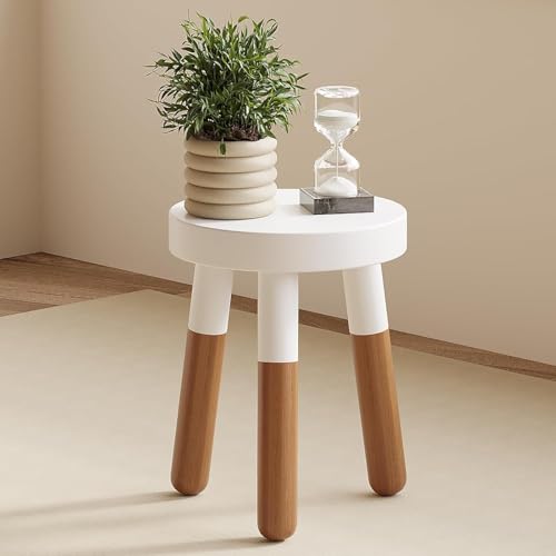 Image of Modern Round Wooden Stool & Side Table with White Finish, Solid Wood Legs, Stylish Multipurpose Furniture for Home, Living Room & Bedroom Small
